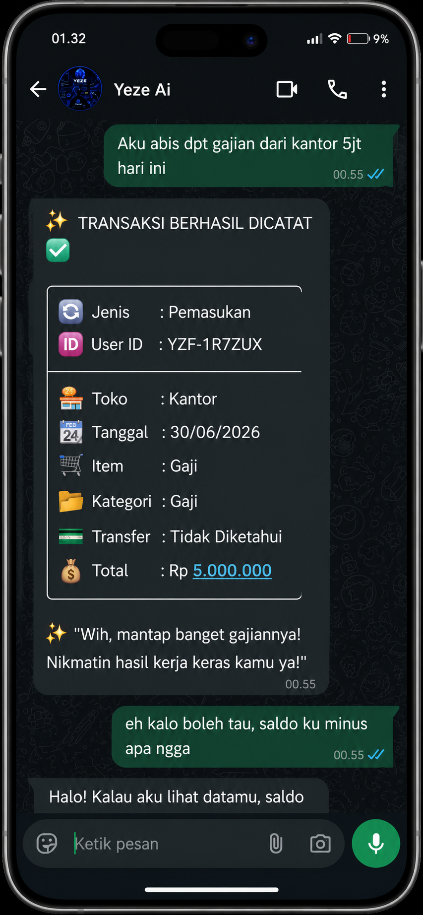 Preview chat transaksi YEZE