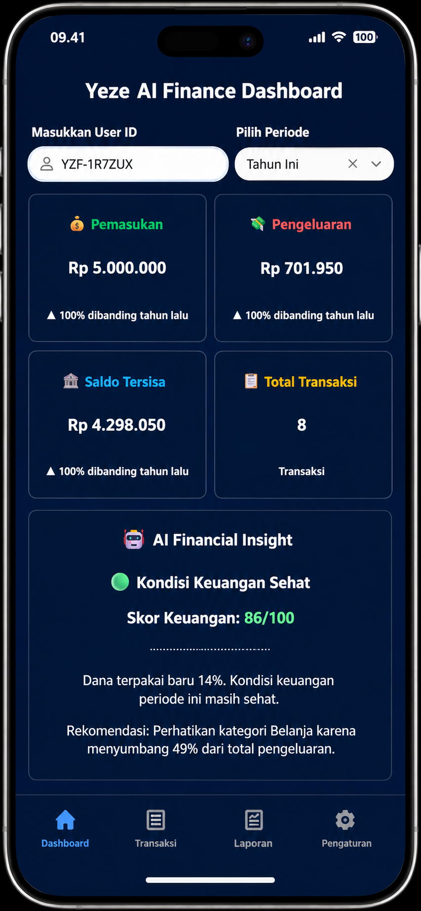 Preview laporan dashboard YEZE AI Finance